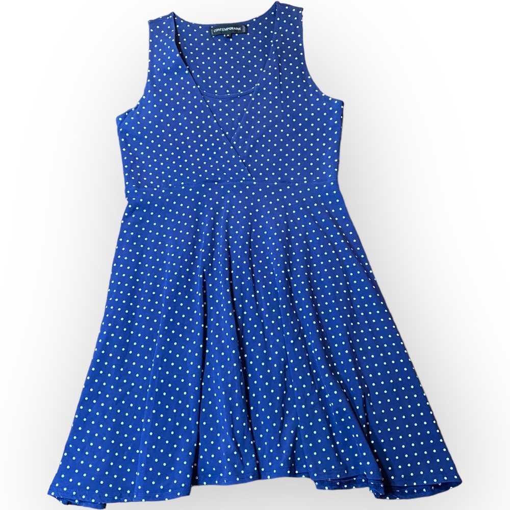 Simons Contemporaire Blue White Polka Dot Sleeveless Stretch Mini Dress Medium - Picture 4 of 10